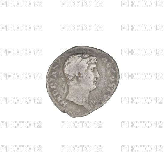 Denarius, Hadrian (76–138; Roman emperor 117–138). Obverse: head of Hadrian in laurel wreath facing right; rim inscription: HADRIANVS AVGVSTVS. Reverse: Neptune standing left, naked except for a robe thrown over the right thigh, right leg placed on the prow of a ship, holding an acrostolium in his right hand and a trident in his left; rim inscription: C. Dated 125–128, Rome, Roman Empire (27 BC–476). Coin; weight 2.68 g.