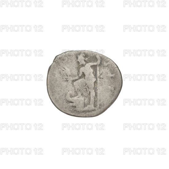 Denarius, Hadrian (76–138; Roman emperor 117–138). Obverse: head of Hadrian in laurel wreath facing right; rim inscription HADRIANVS AVGVSTVS. Reverse: Neptune standing left, naked except for a robe over the right thigh, right foot on the ship's prow, holding an acrostolium in his right hand and a trident in his left; rim inscription C. Dated c. 125–128, Rome, Roman Empire (27 BC–476). Coin, weight 2.68 g.