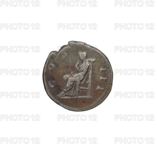 Denarius of Hadrian (76–138 CE; Roman emperor 117–138). Obverse: head of Hadrian with laurel wreath facing right; rim inscription HADRIANVSAVGVSTVS. Reverse: Pudicitia (personification) seated left, wearing a long dress and veil, holding her veil with her right hand, left hand on her knees; rim inscription COSIII. Date: 125–128 CE, struck in Rome, Roman Empire. Coin; weight 2.90 g.