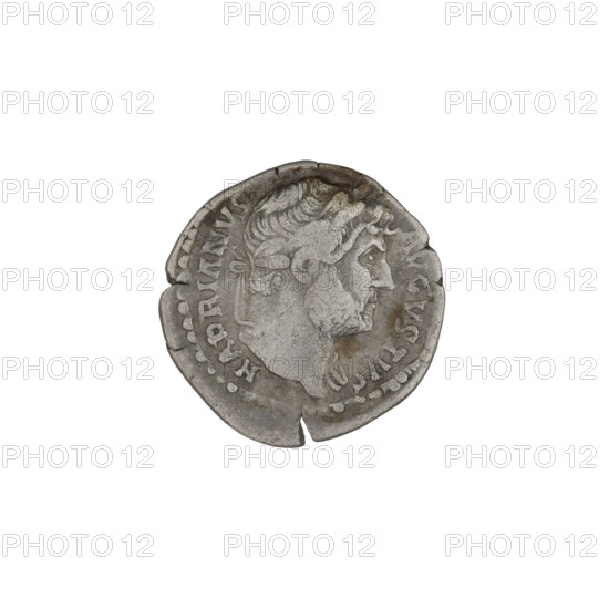 Denarius of Hadrian (76–138; Roman emperor 117–138). Obverse: head of Hadrian with laurel wreath facing right; rim inscription HADRIANVS AVGVSTVS. Reverse: Pudicitia (personification) standing left, wearing a long dress and veil, holding the veil with her right hand, left arm along the body; rim inscription COS. Date: 125–128 CE, Rome, Roman Empire (27 BC–476). Coin; weight 2.88 g.
