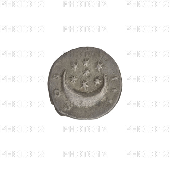 Denarius, Hadrian (76–138; Roman emperor 117–138). Obverse: head of Hadrian in laurel wreath facing right; rim inscription HADRIANVS AVGVSTVS. Reverse: crescent with seven stars within and before it; rim inscription COS III. 125–128 CE, Rome, Roman Empire. Silver coin, weight 2.65 g.