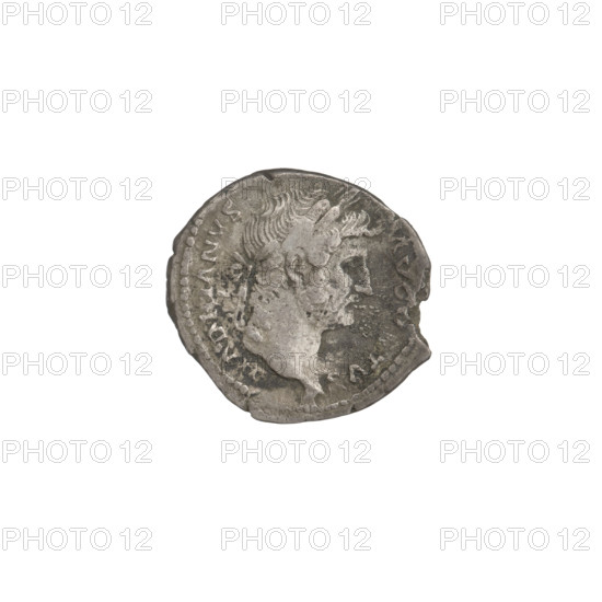Denarius, Hadrian (76–138; Roman emperor 117–138). Obverse: head of Hadrian in laurel wreath facing right; rim inscription HADRIANVS AVGVSTVS. Reverse: Roma seated on armor and shield facing left, wearing a short robe and helmet, parazonium in right hand, spear in left; rim inscription COS III; globe in section. Date: 125–128. Place: Rome, Roman Empire (27 BC–476). Coin; weight 2.70 g.
