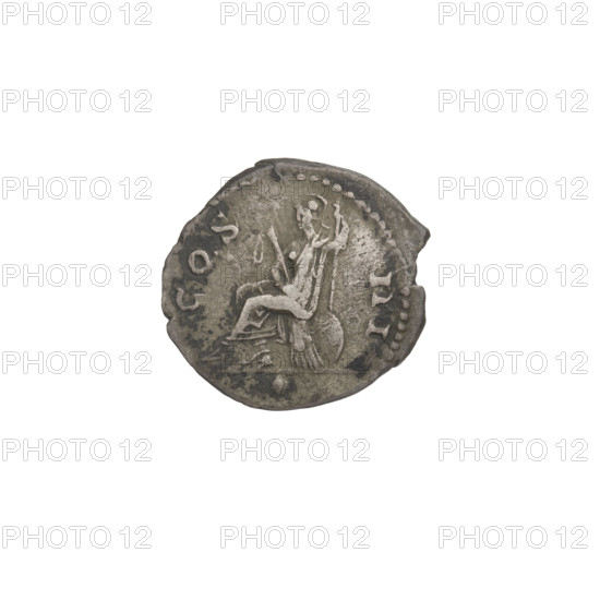 Denarius of Hadrian (76–138; Roman emperor 117–138). Obverse: head of Hadrian in laurel wreath facing right; rim inscription HADRIANVS AVGVSTVS. Reverse: Roma seated on armour and shield facing left, wearing a short robe and helmet, parazonium in right hand and spear in left; rim inscription COS III; globe in section. Date: 125–128. Rome, Roman Empire (27 BC–476). Coin; weight 2.70 g.