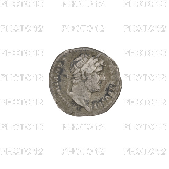 Denarius of Hadrian (76–138; Roman emperor 117–138). Obverse: head of Hadrian in laurel wreath facing right; rim inscription HADRIANVS AVGVSTVS. Reverse: Roma seated on armour and shield facing left, wearing a short robe and helmet, parazonium in right hand and spear in left; rim inscription COS III. 125–128 CE. Rome, Roman Empire. Silver coin, weight 3.04 g.