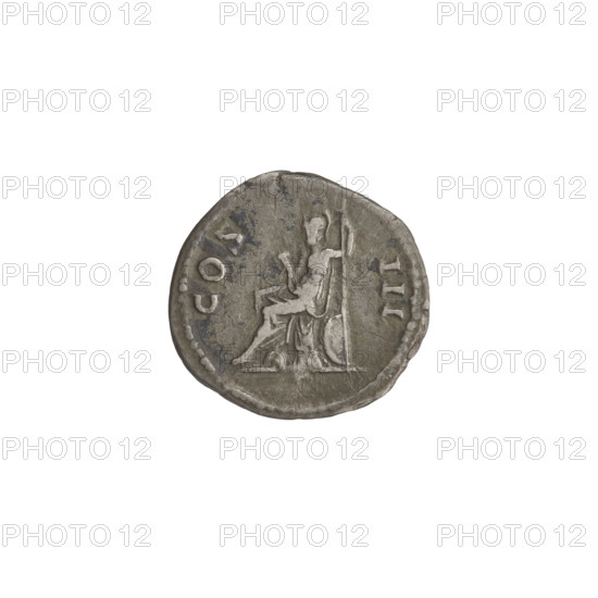 Denarius, Hadrian (76–138; Roman emperor 117–138). Obverse: head of Hadrian in laurel wreath facing right; rim inscription 'HADRIANVS AVGVSTVS.' Reverse: Roma seated on armour and shield facing left, wearing a short robe and helmet, parazonium in right hand, spear in left hand; rim inscription 'COS III.' Date: 125–128. Rome, Roman Empire (27 BC–476). Coin; weight 3.04 g.