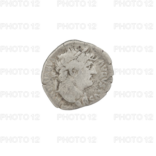 Denarius, Hadrian (76–138; Roman emperor 117–138). Obverse: head of Hadrian in laurel wreath facing right; rim inscription: HADRIANVS AVGVSTVS. Reverse: Roma seated on armor and shield facing left, wearing a short robe and helmet, parazonium in right hand and spear in left; rim inscription: COS III. 125–128 CE. Rome, Roman Empire. Coin; weight 3.36 g.