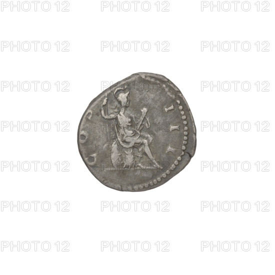 Denarius, Hadrian (76–138; Roman emperor 117–138). Obverse: head of Hadrian in laurel wreath facing right; rim inscription HADRIANVS AVGVSTVS. Reverse: Roma seated on armour and shield facing right, wearing a short robe and helmet, spear in right hand, parazonium in left hand; rim inscription COS III. 125–128 CE. Rome, Roman Empire. Coin; weight 2.85 g.