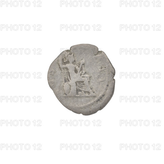 Denarius, Hadrian (76–138; Roman emperor 117–138). Obverse: head of Hadrian in laurel wreath facing right; rim inscription: HADRIANVSAVG. Reverse: Roma seated on armour and shield facing right, wearing a short robe and helmet, spear in right hand, parazonium in left hand; rim inscription: COSIII. 125–128, Rome, Roman Empire (27 BC–476). Coin; weight 2.85 g.
