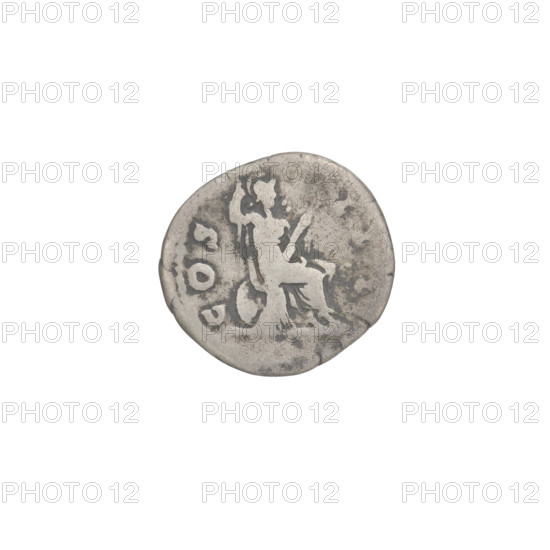 Denarius, Hadrian (76–138; Roman emperor 117–138). Obverse: head of Hadrian in laurel wreath facing right; rim inscription: HADRIANVS AVGVSTVS. Reverse: Roma seated on armour and shield facing right, wearing a short robe and helmet, spear in right hand, parazonium in left; rim inscription: COS III. Date: 125–128. Rome, Roman Empire (27 BC–476). Coin; weight 2.97 g.
