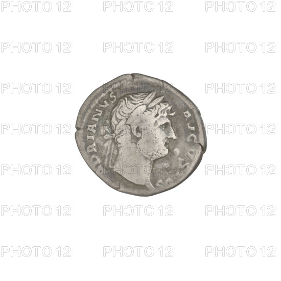 Denarius of Hadrian (76–138 CE; Roman emperor 117–138). Obverse: head of Hadrian facing right wearing a laurel wreath; rim inscription HADRIANVS AVGVSTVS. Reverse: Roma standing left, wearing a short robe and helmet, holding a figure of Victoria in her right hand and a spear in her left; rim inscription COS III. Silver coin, 125–128 CE, Rome; weight 3.07 g.