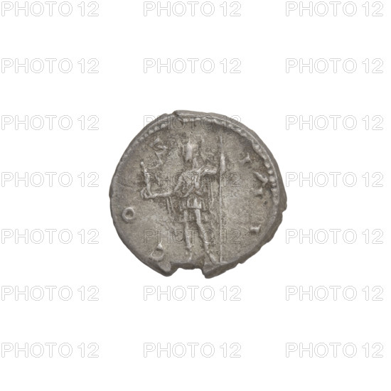 Denarius of Hadrian (76–138; Roman emperor 117–138). Obverse: head of Hadrian in laurel wreath facing right; rim inscription HADRIANVSAVGVSTVS. Reverse: Roma standing left, wearing a short robe and helmet, holding a figure of Victoria in her right hand and a spear in her left; rim inscription COS. Date: 125–128. Rome, Roman Empire (27 BC–476). Coin; weight 3.17 g.