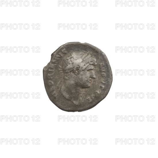Denarius of Hadrian (76–138; Roman emperor 117–138). Obverse: head of Hadrian with laurel wreath facing right; rim inscription HADRIANVSAVGVSTVS. Reverse: Roma standing left, wearing a short robe and helmet, holding a figure of Victoria in her right hand and a spear in her left; rim inscription COS III. Date: 125–128. Rome, Roman Empire (27 BC–476). Coin; weight 2.45 g.