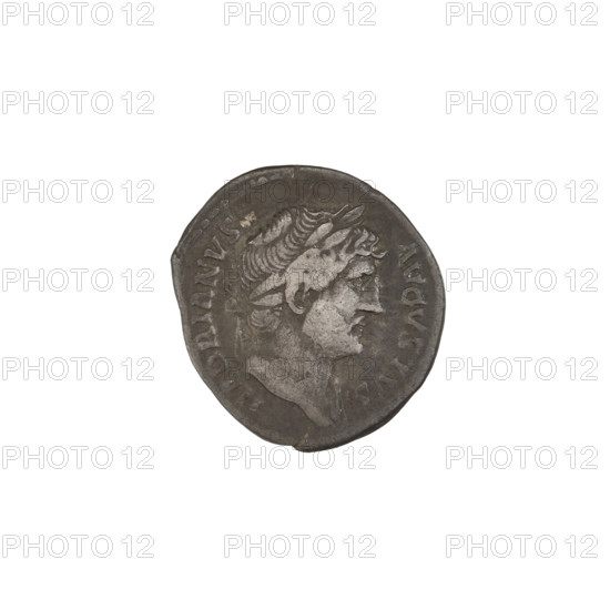 Denarius of Hadrian (76–138; Roman emperor 117–138). Obverse: head of Hadrian in laurel wreath facing right; rim inscription HADRIANVS AVGVSTVS. Reverse: vessels for offerings — simpulum, aspergillum, praefericulum, and lituus; rim inscription COS III. Date: 125–128. Rome, Roman Empire (27 BC–476). Coin; weight 2.68 g.