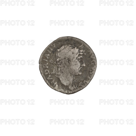 Denarius of Hadrian (reigned 117–138), 125–128; obverse: head of Hadrian in laurel wreath facing right with rim inscription HADRIANVS AVGVSTVS; reverse: vessels for offerings—simpulum, aspergillum, praefericulum, and lituus—with rim inscription COS III. Roman Empire; coin; weight 3.10 g.