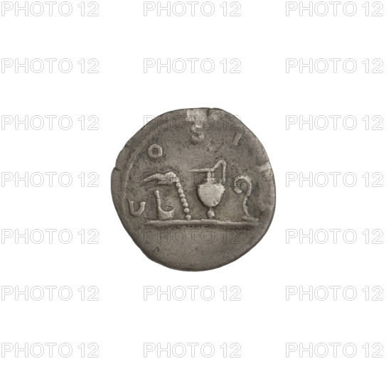 Denarius, Hadrian (76–138 CE; Roman emperor 117–138). Obverse: head of Hadrian in laurel wreath facing right; rim inscription HADRIANVS AVGVSTVS. Reverse: vessels for offerings — simpulum, aspergillum, praefericulum, and lituus; rim inscription COS III. Date: 125–128 CE, Rome, Roman Empire. Coin; weight 3.10 g.