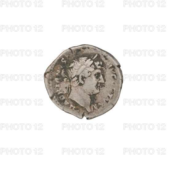 Denarius of Hadrian (76–138 CE; Roman emperor 117–138). Obverse: head of Hadrian with laurel wreath facing right; rim inscription HADRIANVSAVGVSTVS. Reverse: Roma standing right, wearing a short robe and helmet, holding a spear in her right hand and a parazonium in her left; rim inscription COS III. Date: 125–128 CE. Rome; Roman Empire (27 BCE–476 CE). Silver coin, weight 3.00 g.