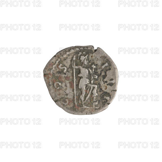 Denarius of Hadrian (76–138; Roman emperor 117–138). Obverse: head of Hadrian with laurel wreath facing right; rim inscription HADRIANVS AVGVSTVS. Reverse: Roma standing right, wearing a short robe and helmet, holding a spear in right hand and a parazonium in left; rim inscription COS III. Dated 125–128, Rome, Roman Empire (27 BC–476). Coin; weight 3.00 g.
