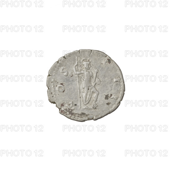 Denarius, Hadrian (76–138; Roman emperor 117–138). Obverse: head of Hadrian in laurel wreath facing right; rim inscription: HADRIANVS AVGVSTVS. Reverse: Roma standing right, wearing a short robe and helmet, holding a spear in right hand and a parazonium in left; rim inscription: COS III. Date: 125–128. Rome, Roman Empire (27 BC–476). Coin; weight 3.15 g.