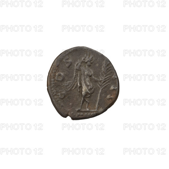 Denarius of Hadrian (76–138; Roman emperor 117–138). Obverse: head of Hadrian in laurel wreath facing right; rim inscription HADRIANVSAVGVSTVS. Reverse: Victoria with wings standing right, wearing a robe only reaching to the waist, right hand on her head, left hand holding a large palm leaf; rim inscription COS III. Date: 125–128. Rome, Roman Empire (27 BC–476). Coin; weight 3.07 g.