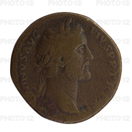 Sestertius, Antoninus Pius (86–161; Roman emperor 138–161) — issuer. Obverse: Head of Antoninus Pius in a laurel wreath to the right, inscription ONINVS AVG - PIVS PP TR P XI. Reverse: Annona (personification) standing left; in her right hand she holds ears of corn above a container (modius), in her left hand an anchor; inscription ANNO - A AVG, COS IIII in the section, SC in the fields. Iconography: Annona, personifications, ears of corn, anchors; portrait/head of the emperor in a laurel wreath, modi. Date: 148–149. Culture/place: Roman Empire (27 BC–476), Rome. Object type/material: coin (sestertius). Dimensions/weight: diameter 31.5–32.0 mm, weight 24.07 g, axis 180 degrees.