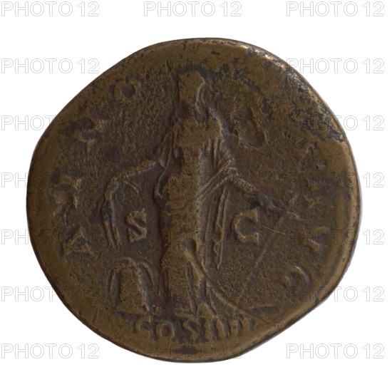 Sestertius, Antoninus Pius (86–161; Roman emperor 138–161), issuer. Obverse: Head of Antoninus Pius in a laurel wreath to the right, inscription ONINVS AVG - PIVS PP TR P XI. Reverse: Annona (personification) standing left, holding ears of corn above a container (modius) in her right hand and an anchor in her left; inscription ANNO - A AVG, COS IIII in the section, SC in the fields. Iconography: Annona, ears of corn, anchors; personifications; head of the emperor in a laurel wreath; modi. Date: 148–149. Roman Empire (27 BC–476), Rome. Coin: diameter 31.5–32.0 mm, weight 24.07 g, axis 180 degrees.