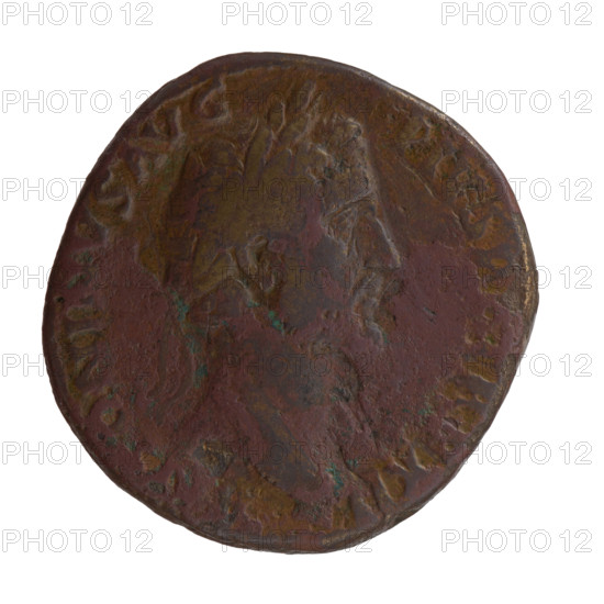 Sestertius of Antoninus Pius (86–161; Roman emperor 138–161). Obverse: Head of Antoninus Pius with a laurel wreath facing right, inscription ANTONINVS AVG PIVS PP TR P XII. Reverse: Emperor in toga and veil standing left, holding a patera above a tripod in his right hand and a scroll in his left, inscription C OS IIII; fields marked S C. Date: 148–149. Roman Empire (27 BC–476), Rome. Coin; diameter 29.5–30.0 mm, weight 27.35 g, axis 0°.