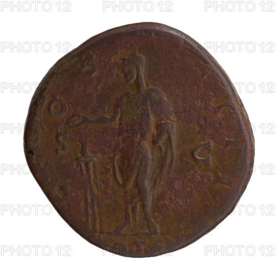 Sestertius of Antoninus Pius (86–161; Roman emperor 138–161). Obverse: Head of Antoninus Pius with a laurel wreath facing right; inscription ANTONINVS AVG PIVS PP TR P XII. Reverse: Emperor in toga and veil standing left, holding a patera above a tripod in his right hand and a scroll in his left; inscription C OS IIII; in the fields S C. Date: 148–149. Roman Empire, Rome. Coin; diameter 29.5–30.0 mm, weight 27.35 g, axis 0°.