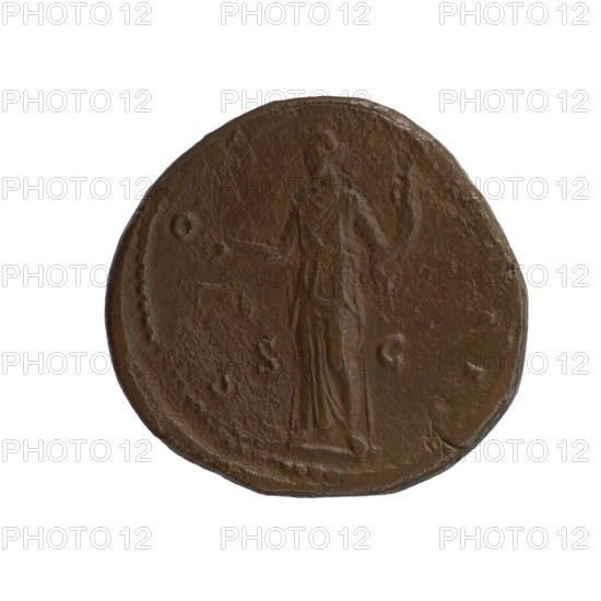Dupondius of Antoninus Pius (86–161; Roman emperor 138–161), 148–149, Roman Empire (Rome). Obverse: Head of Antoninus Pius in radiant crown facing right, inscription 'ANTONINVS AVG - PIV, PP TR P XII'. Reverse: Aequitas standing left, holding scales in right hand and cornucopia in left, with mint marks and control marks in fields. Bronze coin; diameter ~26.0–27.5 mm, weight 13.70 g, axis 330°.