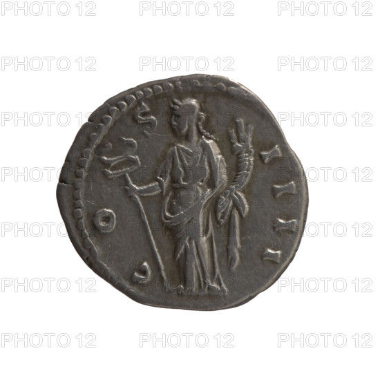 Denarius of Antoninus Pius (86–161; Roman emperor 138–161), 149–150. Obverse: Head of Antoninus Pius in laurel wreath facing right, legend ANTONINVS AVG PI - VS PP TR P XIII. Reverse: Felicitas standing left, holding a long caduceus in his right hand and a cornucopia in his left, legend C O - S - IIII. Personifications; iconography includes caduceuses and cornucopias. Roman Empire (27 BC–476), Rome. Coin: silver, diameter 16.5 mm, weight 3.42 g, axis 180°.