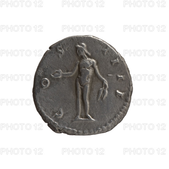 Denarius, Antoninus Pius (86–161; Roman emperor 138–161), issuer: Antoninus Pius; obverse: head of the emperor in a laurel wreath facing right, inscription ANTONINVS AVG PIVS PP TR P XIIII; reverse: naked Genius stands frontally with head turned left, holding a patera in his right hand and ears of corn in his left, inscription COS IIII; dated 150–151; Roman Empire; minted in Rome; coin: diameter 16.0 mm, weight 3.05 g, axis 180°.