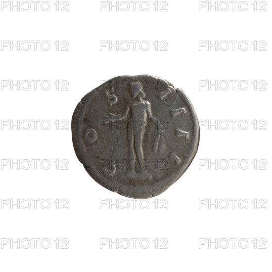 Denarius, Antoninus Pius (86–161; Roman emperor 138–161), issuer: Antoninus Pius. Obverse: Head of Antoninus Pius in a laurel wreath facing right, inscription ANTONINVS AVG - PIVS PP TR P XIIII. Reverse: Naked Genius stands frontally with head turned left, holding a patera in his right hand and ears of corn in his left, inscription C O S - IIII. Date: 150–151. Culture/place: Roman Empire (27 BC–476), Rome. Medium/function: Coin. Diameter: 17.0–18.0 mm. Weight: 2.60 g. Axis: 15 degrees.