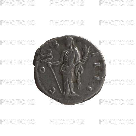 Denarius of Antoninus Pius (86–161; Roman emperor 138–161), issuer: Antoninus Pius. Obverse: Head of Antoninus Pius in a laurel wreath facing right, inscription ANTONINVS AVG PI-VS PP TR P XIIII. Reverse: Felicitas (personification) standing left, holding a long caduceus in his right hand and a cornucopia in his left, inscription C O-S- IIII. Date: 150–151. Roman Empire, Rome. Coin; diameter 17.0–18.0 mm, weight 3.00 g, axis 180°.