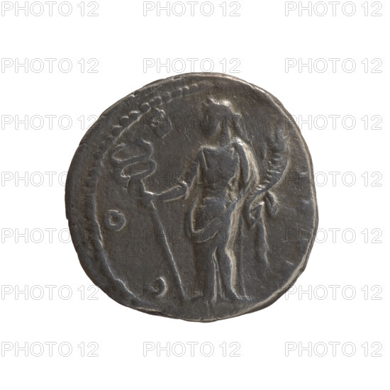 Denarius; obverse: head of Antoninus Pius in laurel wreath facing right, inscription 'AN, INVS, PI - VS PP TR P XIIII'; reverse: Felicitas standing left, holding a long caduceus in her right hand and a cornucopia in her left, inscription 'C O - S - IIII'. Issuer: Antoninus Pius (86–161; Roman emperor 138–161). Iconography: Felicitas (personification), caducei, cornucopias, personifications. Date: 150–151. Place: Rome, Roman Empire (27 BC–476). Object type/material: coin (denarius). Measurements: diameter 16.5–17.0 mm, weight 3.15 g, axis 180°.