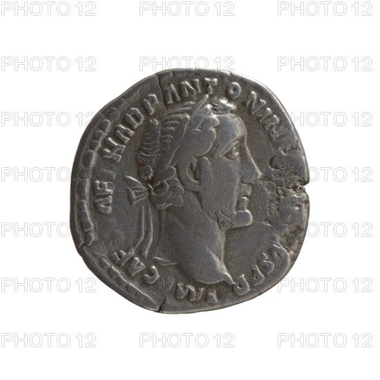 Denarius of Antoninus Pius (reigned 138–161). Obverse: head of the emperor wearing a laurel wreath, facing right, inscription IMP CAE AEL HADR ANTONINVS P P. Reverse: Pietas standing right; with right hand lowered she holds a fawn by the neck, in her left hand she holds a bowl of fruit above an altar, inscription TR POT XIIII COS IIII; legend PIETAS. Rome, 150–151 CE. Roman Empire. Silver coin; diameter 16.0–17.5 mm, weight 2.55 g, axis 195°.