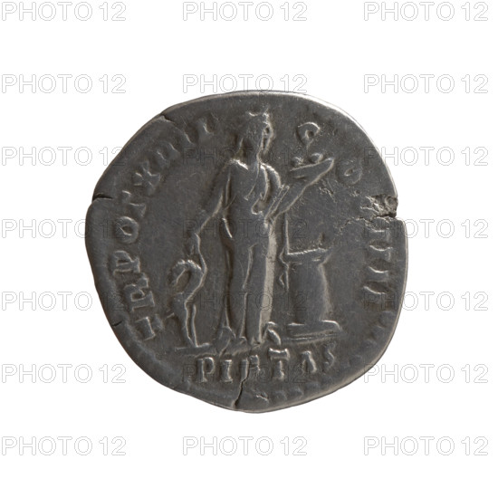 denarius, Antoninus Pius (86–161; Roman emperor 138–161), issuer: Antoninus Pius; iconography: animals, personifications, fruits, head of the emperor in a laurel wreath, bowls, altars, fawns, Pietas (personification). Obverse: head of Antoninus Pius in a laurel wreath facing right, legend IMP CAE AEL HADR ANTONINV S PP. Reverse: Pietas standing right, holding a fawn by the neck with her right hand and a bowl of fruit above an altar in her left; legend TR POT XIIII COS IIII. Date: 150–151 CE, Rome, Roman Empire. Object type: coin (denarius). Dimensions: diameter 16.0–17.5 mm, weight 2.55 g, axis 195°.