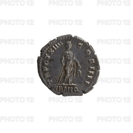 Denarius, Antoninus Pius (86–161; Roman emperor 138–161), issuer. Obverse: Head of Antoninus Pius in a laurel wreath facing right, legend MP CAES AEL HADR ANTONINVS AVG PIVS PP. Reverse: Tranquillitas personified standing right, holding a rudder in right hand and ears of corn in left, legend TR POT XIIII COS IIII, control/episode TRANQ, c. 150–151. Roman Empire (27 BC–476), Rome. Coin: silver denarius; diameter 18.0 mm; weight 3.40 g; axis 180°.