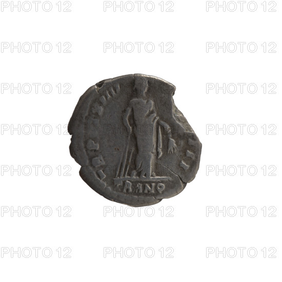Denarius of Antoninus Pius (86–161; Roman emperor 138–161). Obverse: head of the emperor in a laurel wreath facing right, legend IMP CAES T AEL ADR ANTONINVS AVG. Reverse: Tranquillitas standing right, holding a rudder in her right hand and ears of corn in her left, legends TR P, T XIIII - III. Iconography: ears of corn; personification Tranquillitas; rudders. Dated in the TRANQ episode, 150–151, Rome, Roman Empire (27 BC–476). Coin; diameter 18.0–19.0 mm; weight 2.85 g; axis 165°.