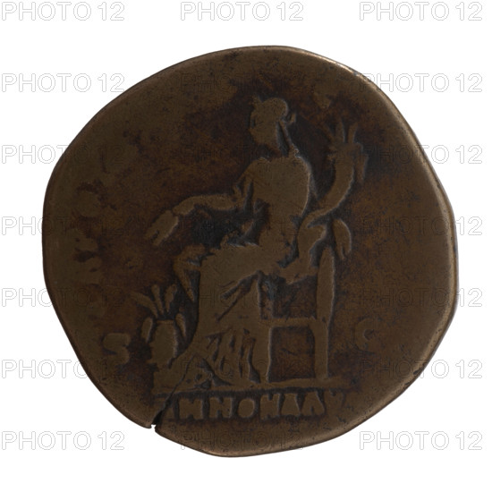 Sestertius, Antoninus Pius (86–161; Roman emperor 138–161), issuer: Antoninus Pius. Obverse: Head of the emperor in a laurel wreath and drapery on the left shoulder, facing right; legend IMP CAES T AEL HADR ANTONINVS AVG PIVS PP (all around). Reverse: Annona (personification) seated left, holding ears of corn in her right hand over a container with grain (modius) and a horn of plenty in her left; legend TR POT X–C (all around). Date: 150–151. Roman Empire (27 BC–476), Rome. Coin: sestertius; diameter 32.0–32.5 mm; weight 27.05 g; axis 180°.