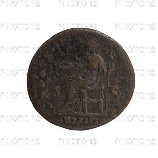 Antoninus Pius (86–161; Roman Emperor 138–161), issuer; head of Antoninus Pius in a laurel wreath to the right, legend IMP CAES T AEL HADR ANTONINVS AVG PIVS PP around; reverse: Iustitia seated left, holding a patera in her right hand and a long scepter in her left, legend IVSTITIA in a section, in SC fields, R POT XIIII - S IIII around; dated 150–151; Roman Empire (27 BC–476), Rome; coin; diameter 25.0–26.5 mm; weight 12.10 g; axis 195°.