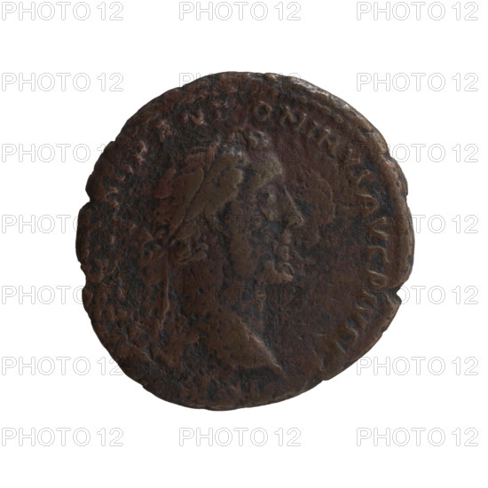 Antoninus Pius (86–161; Roman Emperor 138–161), issuer. Bronze coin (150–151) from the Roman Empire, Rome. Obverse: Head of Antoninus Pius in a laurel wreath to the right, legend ADR ANT ONINVS AVG PIVS. Reverse: Iustitia seated left, holding a patera in her right hand and a long scepter in her left, legend TR POT XIIII – C OS IIII with IVSTITIA in a section and SC in the fields. Diameter 26.5 mm, weight 10.65 g, axis 180°.