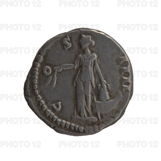 Denarius, Antoninus Pius (86–161; Roman emperor 138–161), issuer: Antoninus Pius. Obverse: Head of the emperor in a laurel wreath facing right, legend ANTONINVS AVG - PIVS PP TR P XVII. Reverse: Annona (personification) stands left, holds ears of corn in her right hand, rests her left on a container (modius) standing on a ship, legend C OS - IIII. Iconography: Annona, ears of corn, personifications; head of the emperor in a laurel wreath, modius, ships. Date: 153–154. Culture/place: Roman Empire, Rome. Object type/material: Coin (denarius). Dimensions: diameter 17.0–17.5 mm, weight 3.05 g, axis 180 degrees.