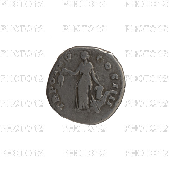 Denarius of Antoninus Pius (86–161; Roman emperor 138–161), struck 151–152, Rome. Obverse: head of the emperor in a laurel wreath facing right, legend IMP CAES T AEL HADR ANTONINVS AVG PIVS PP. Reverse: Annona (personification) stands left holding ears of corn in her right hand and resting her left on a modius (grain-measure) standing on a ship, legend TR POT XV COS IIII. Iconography: Antoninus Pius; Annona; ears of corn; modius; ship. Coin, diameter ~17–18 mm, weight 3.17 g, axis 195°.
