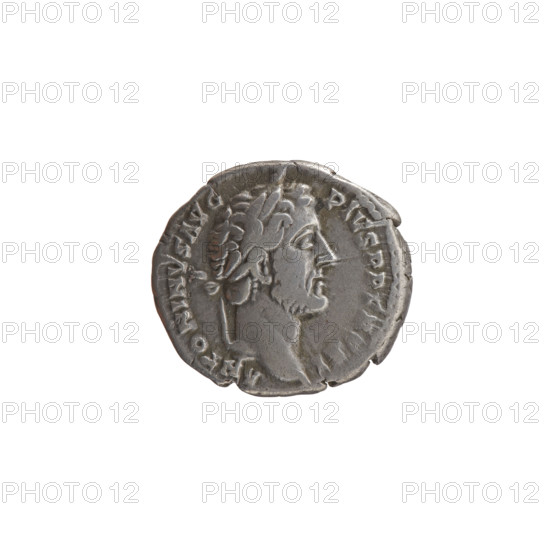 Denarius, Antoninus Pius (86–161; Roman emperor 138–161), issuer; obverse: head of the emperor in a laurel wreath facing right, legend 'ANTONINVS AVG - PIVS PP TR P XI'; reverse: Salus standing left in front of an altar, feeding a snake with a patera in her right hand and holding a rudder on a globe in her left, legend 'C - OS - IIII'; iconography: personifications, Salus, altars, snakes, rudder; date: 147–148; culture: Roman Empire (27 BC–476), Rome; object type: coin; material: silver (denarius); dimensions: diameter 17.0–19.0 mm, weight 3.20 g, axis 180°.