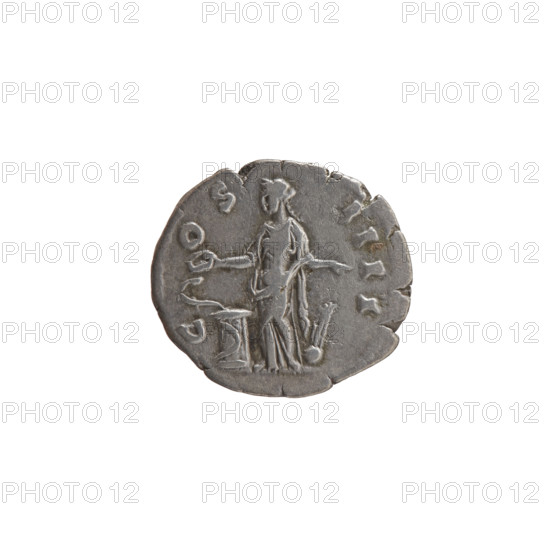 Denarius, Antoninus Pius (86–161; Roman emperor 138–161), issuer; iconography: Antoninus Pius — Salus (personification); obverse: head of the emperor in a laurel wreath facing right, inscription ANTONINVS AVG - PIVS PP TR P XI; reverse: Salus standing left, in his right hand holding a patera above an altar around which a snake coils, in his left hand a rudder resting on a globe, inscription C - OS - IIII; date: 147–148; Roman Empire (27 BC–476), Rome; coin; diameter 17.0–19.0 mm; weight 3.20 g; axis 180 degrees.