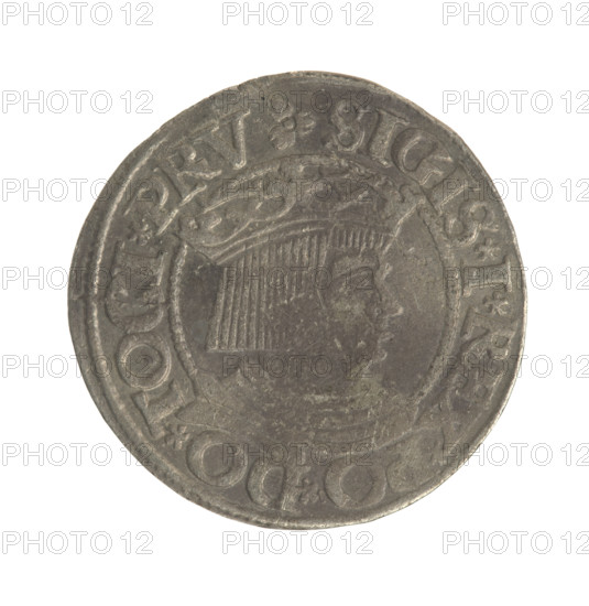 Gdansk grosz, Sigismund I the Old (King of Poland; 1506–1548). Polish coin, Jagiellonian dynasty. Obverse: Crowned male bust in profile turned to the right; in the rim between pearl-shaped borders an inscription: .SIGIS.I.RE, .PO.DO.TOCI.PRV. Reverse: Coat of arms of Gdansk; in the rim between pearl-shaped borders an inscription: .GROSSVS.CIVI.DANCZ.1535. Dated 1535. Poland, Gdansk.