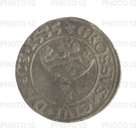 Gdansk grosz, Sigismund I the Old (King of Poland; 1506–1548). Polish coin, Jagiellonian dynasty. Obverse: Crowned royal bust of Sigismund I in profile facing right; rim inscription between pearl-shaped borders: .SIGIS.I.RE, .PO.DO.TOCI.PRV. Reverse: Coat of arms of Gdansk; rim inscription between pearl-shaped borders: .GROSSVS.CIVI.DANCZ.1535. Dated 1535. Poland, Gdansk.