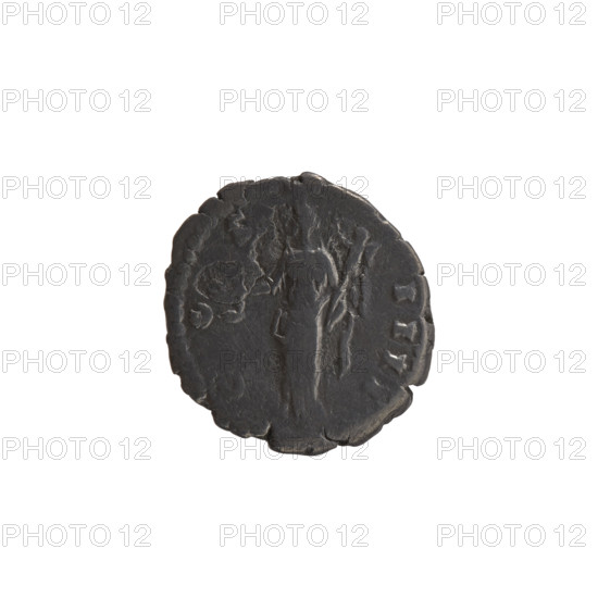 Denarius, Antoninus Pius (86–161; Roman emperor 138–161), issuer. Obverse: Head of Antoninus Pius in a laurel wreath facing right, inscription A•TONINVS•PIVS•PP•TRP•XVII. Reverse: Vesta veiled, standing left, holding a ladle (simpulum) in her right hand and a palladium in her left, inscription OS•IIII. Iconography: Vesta, ladles, palladium, head of the emperor in a laurel wreath, Roman deities. Date: 153–154. Culture/place: Roman Empire, Rome. Object type/material: Coin (denarius). Dimensions: diameter 17.0–17.5 mm, weight 2.75 g; axis 345°.