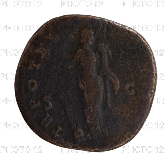 Sestertius of Antoninus Pius (86–161; Roman emperor 138–161). Obverse: Head of Antoninus Pius in a laurel wreath facing right, inscription IMP CAES T AEL HADR AN TO, all around. Reverse: Fortuna standing right, holding a long rudder on a globe in her right hand and a cornucopia in her left, inscription TR POT XV —, all around; in SC fields. Iconography: Antoninus Pius; personification Fortuna; rudders; cornucopias. Date: 151–152. Roman Empire (27 BC–476), Rome. Coin: sestertius; diameter 30.0–31.5 mm; weight 22.90 g; axis 180 degrees.