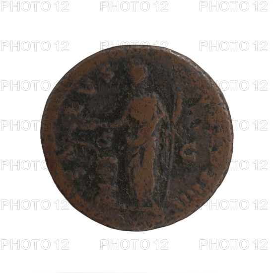 Antoninus Pius (86–161; Roman emperor 138–161) — coin (Roman, 151–152). Obverse: head of Antoninus Pius in a laurel wreath facing right, inscription ANTONINVS AVG PIVS PP TR P XV. Reverse: Salus standing left before an altar, holding a patera above the altar around which a snake coils, and a long scepter in her left hand, inscription SALVS G COS IIII; in exergue SC. Coin: diameter 26.0 mm, weight 8.46 g, axis 165°.