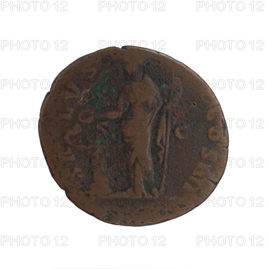 Antoninus Pius (86–161; Roman Emperor 138–161), issuer. Bust of Antoninus Pius in a laurel wreath and paludamentum to the right, inscription 'ANTONIN, AVG -, P TR P XV' all around; reverse: Salus standing left, holding a patera above an altar around which a snake coils, in left hand a long scepter, inscription 'SA - LVS -, COS IIII' all around, 'in SC' in fields. Iconography: head of the emperor in a laurel wreath, altars, Salus feeding a snake, snakes, scepters, paludamentums. Date: 151–152. Place: Roman Empire (27 BC–476), Rome. Object: coin; diameter 25.5–27.0 mm; weight 8.46 g; axis 165°.